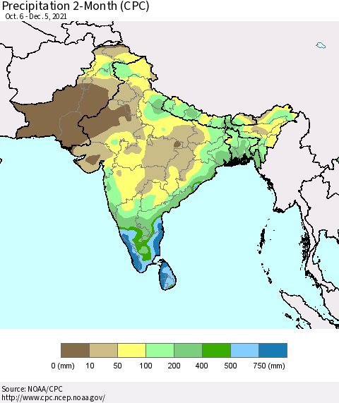 Southern Asia Precipitation 2-Month (CPC) Thematic Map For 10/6/2021 - 12/5/2021