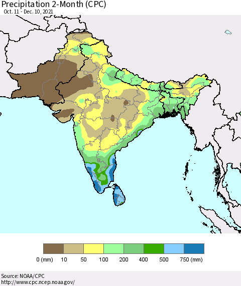 Southern Asia Precipitation 2-Month (CPC) Thematic Map For 10/11/2021 - 12/10/2021