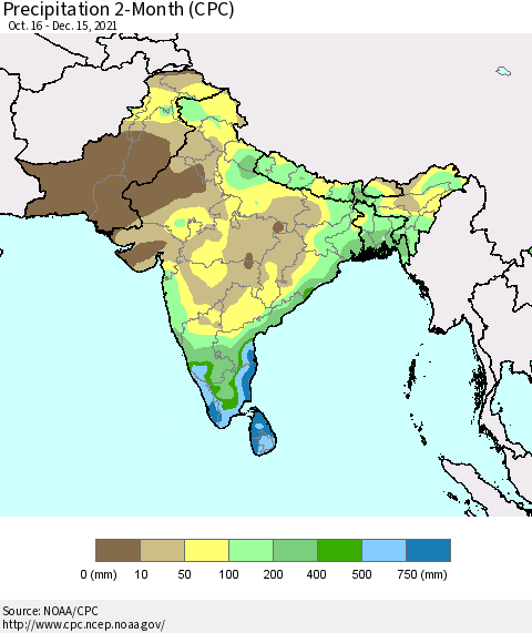 Southern Asia Precipitation 2-Month (CPC) Thematic Map For 10/16/2021 - 12/15/2021