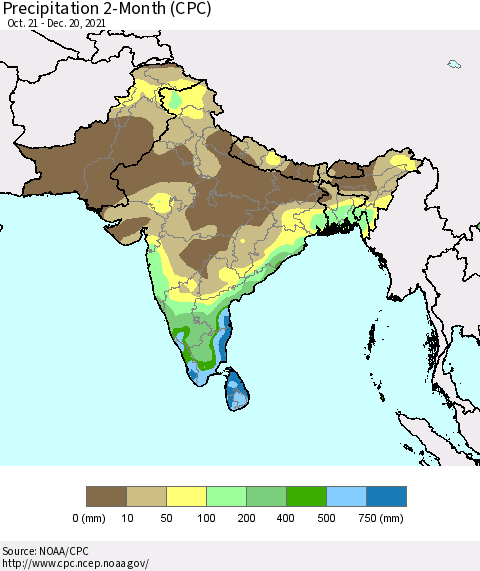 Southern Asia Precipitation 2-Month (CPC) Thematic Map For 10/21/2021 - 12/20/2021
