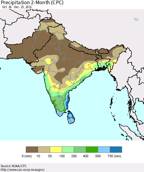 Southern Asia Precipitation 2-Month (CPC) Thematic Map For 10/26/2021 - 12/25/2021