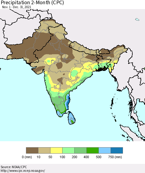 Southern Asia Precipitation 2-Month (CPC) Thematic Map For 11/1/2021 - 12/31/2021