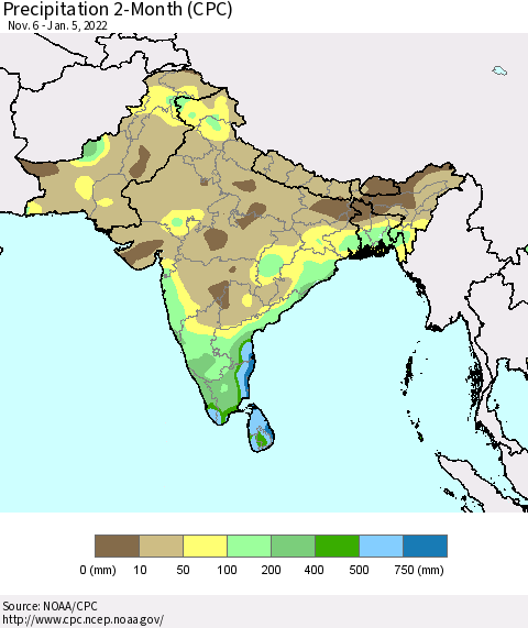 Southern Asia Precipitation 2-Month (CPC) Thematic Map For 11/6/2021 - 1/5/2022