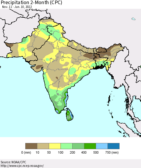 Southern Asia Precipitation 2-Month (CPC) Thematic Map For 11/11/2021 - 1/10/2022