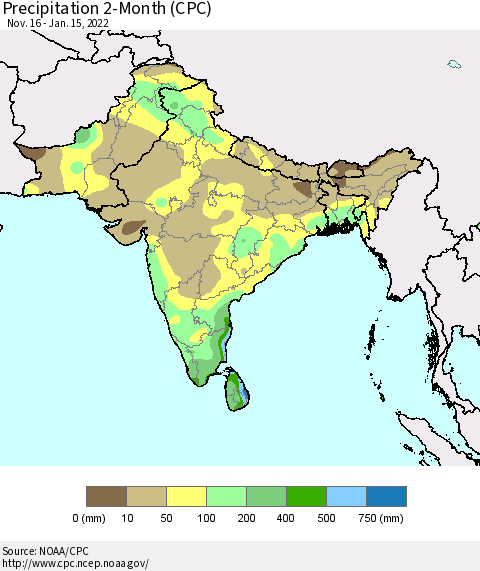 Southern Asia Precipitation 2-Month (CPC) Thematic Map For 11/16/2021 - 1/15/2022