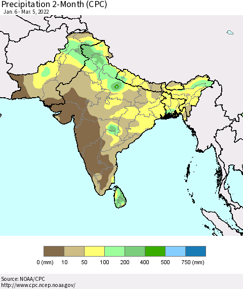 Southern Asia Precipitation 2-Month (CPC) Thematic Map For 1/6/2022 - 3/5/2022