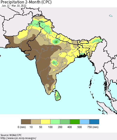 Southern Asia Precipitation 2-Month (CPC) Thematic Map For 1/11/2022 - 3/10/2022