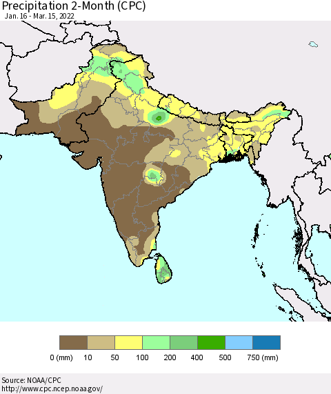 Southern Asia Precipitation 2-Month (CPC) Thematic Map For 1/16/2022 - 3/15/2022