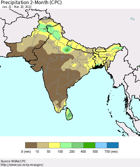 Southern Asia Precipitation 2-Month (CPC) Thematic Map For 1/21/2022 - 3/20/2022