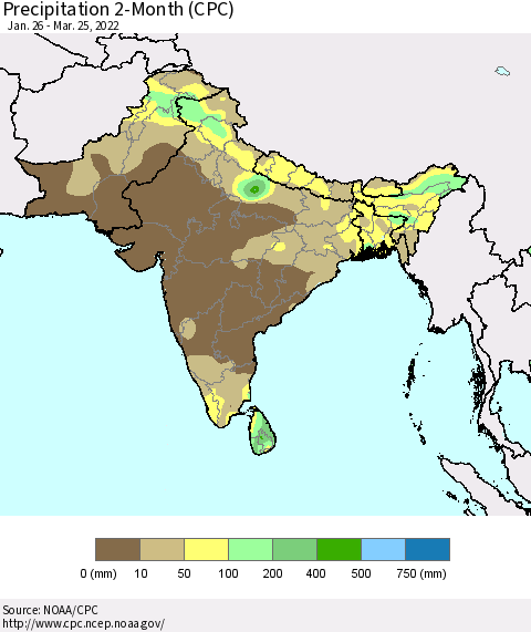 Southern Asia Precipitation 2-Month (CPC) Thematic Map For 1/26/2022 - 3/25/2022