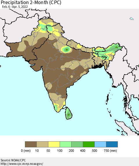 Southern Asia Precipitation 2-Month (CPC) Thematic Map For 2/6/2022 - 4/5/2022