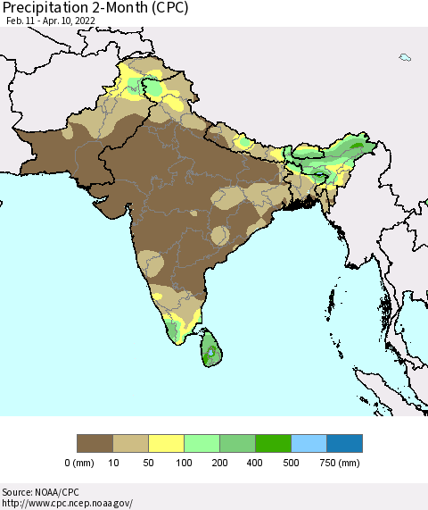 Southern Asia Precipitation 2-Month (CPC) Thematic Map For 2/11/2022 - 4/10/2022