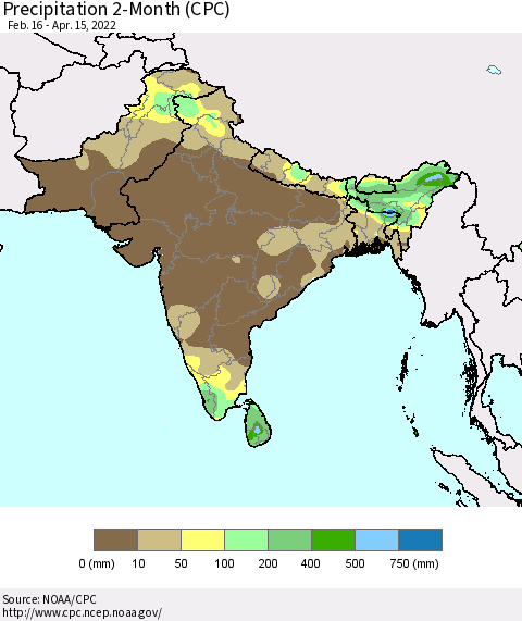Southern Asia Precipitation 2-Month (CPC) Thematic Map For 2/16/2022 - 4/15/2022
