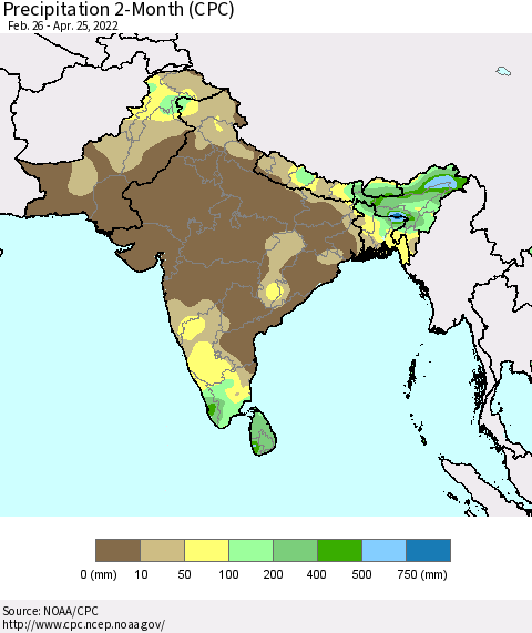 Southern Asia Precipitation 2-Month (CPC) Thematic Map For 2/26/2022 - 4/25/2022