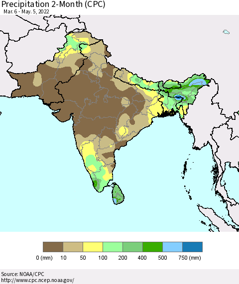 Southern Asia Precipitation 2-Month (CPC) Thematic Map For 3/6/2022 - 5/5/2022