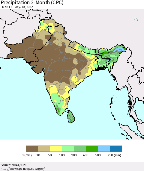 Southern Asia Precipitation 2-Month (CPC) Thematic Map For 3/11/2022 - 5/10/2022