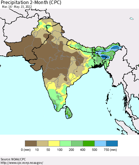 Southern Asia Precipitation 2-Month (CPC) Thematic Map For 3/16/2022 - 5/15/2022
