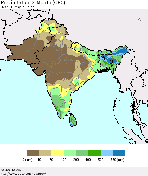 Southern Asia Precipitation 2-Month (CPC) Thematic Map For 3/21/2022 - 5/20/2022
