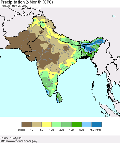 Southern Asia Precipitation 2-Month (CPC) Thematic Map For 3/26/2022 - 5/25/2022