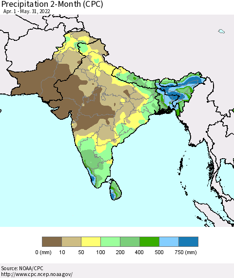 Southern Asia Precipitation 2-Month (CPC) Thematic Map For 4/1/2022 - 5/31/2022