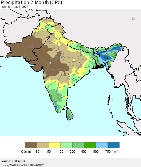 Southern Asia Precipitation 2-Month (CPC) Thematic Map For 4/6/2022 - 6/5/2022