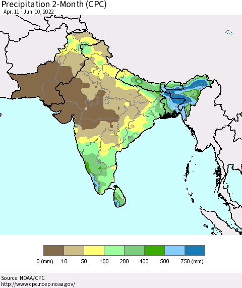 Southern Asia Precipitation 2-Month (CPC) Thematic Map For 4/11/2022 - 6/10/2022