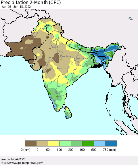 Southern Asia Precipitation 2-Month (CPC) Thematic Map For 4/16/2022 - 6/15/2022