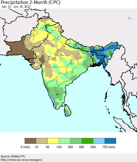 Southern Asia Precipitation 2-Month (CPC) Thematic Map For 4/21/2022 - 6/20/2022