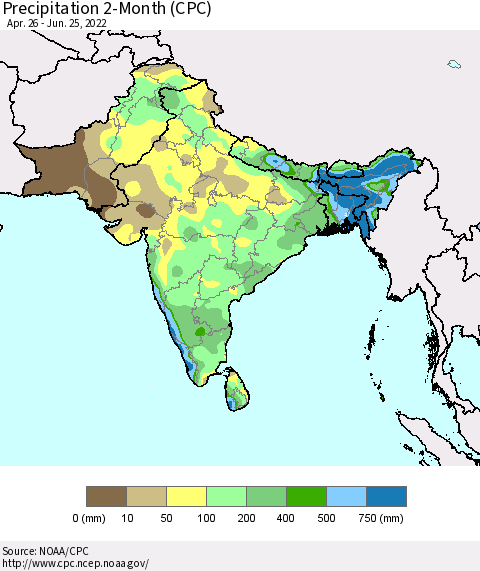 Southern Asia Precipitation 2-Month (CPC) Thematic Map For 4/26/2022 - 6/25/2022
