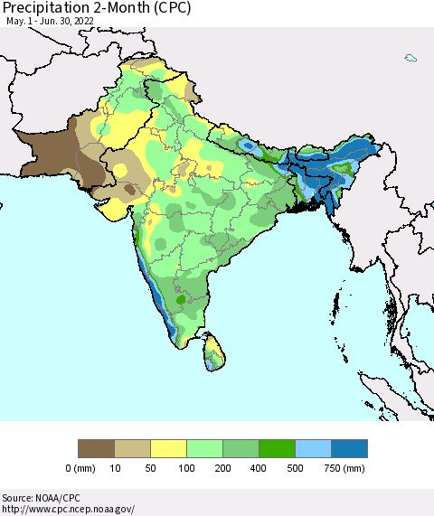 Southern Asia Precipitation 2-Month (CPC) Thematic Map For 5/1/2022 - 6/30/2022
