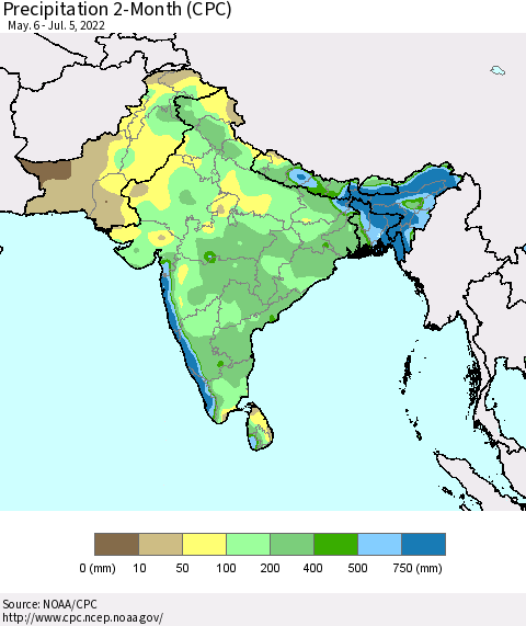 Southern Asia Precipitation 2-Month (CPC) Thematic Map For 5/6/2022 - 7/5/2022