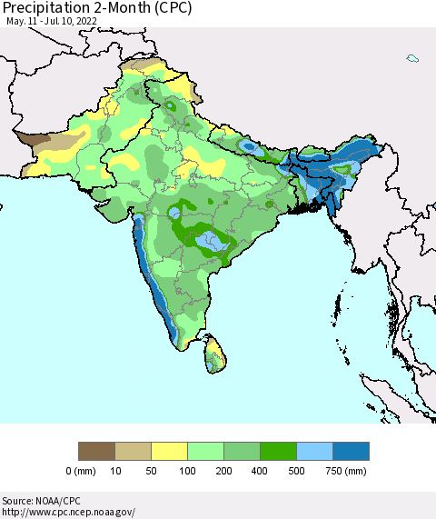 Southern Asia Precipitation 2-Month (CPC) Thematic Map For 5/11/2022 - 7/10/2022