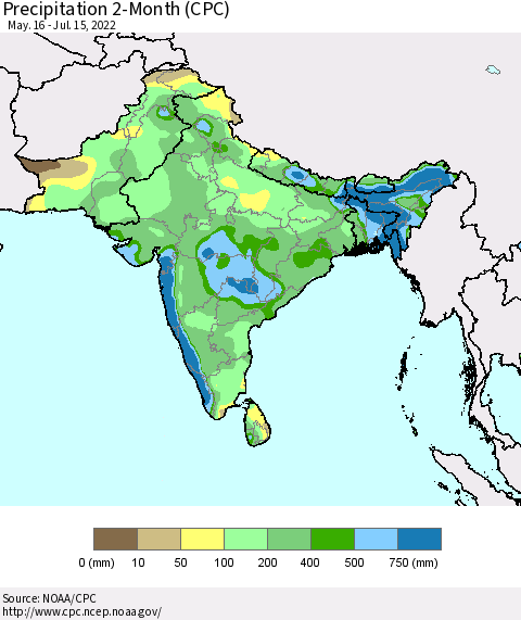 Southern Asia Precipitation 2-Month (CPC) Thematic Map For 5/16/2022 - 7/15/2022