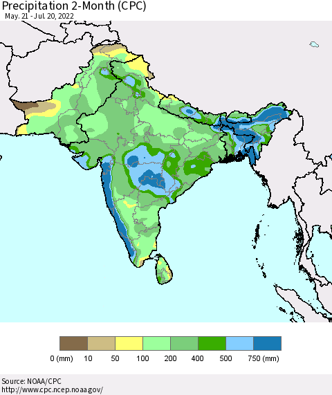 Southern Asia Precipitation 2-Month (CPC) Thematic Map For 5/21/2022 - 7/20/2022