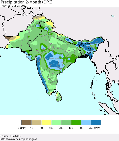Southern Asia Precipitation 2-Month (CPC) Thematic Map For 5/26/2022 - 7/25/2022