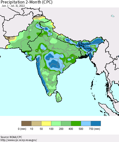 Southern Asia Precipitation 2-Month (CPC) Thematic Map For 6/1/2022 - 7/31/2022