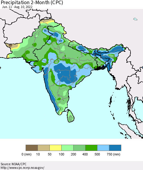 Southern Asia Precipitation 2-Month (CPC) Thematic Map For 6/11/2022 - 8/10/2022
