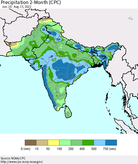 Southern Asia Precipitation 2-Month (CPC) Thematic Map For 6/16/2022 - 8/15/2022