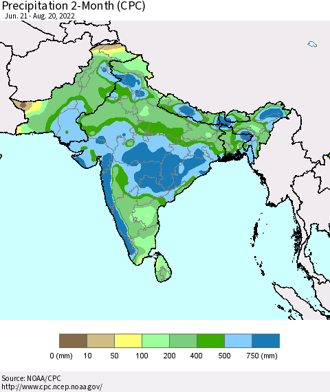 Southern Asia Precipitation 2-Month (CPC) Thematic Map For 6/21/2022 - 8/20/2022