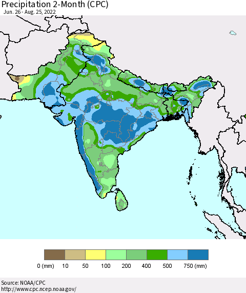 Southern Asia Precipitation 2-Month (CPC) Thematic Map For 6/26/2022 - 8/25/2022