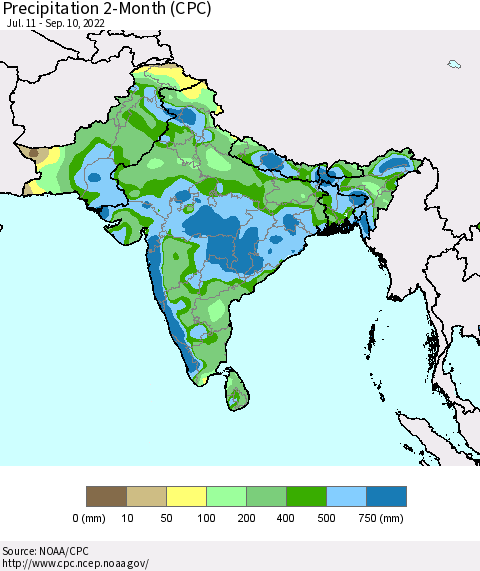 Southern Asia Precipitation 2-Month (CPC) Thematic Map For 7/11/2022 - 9/10/2022