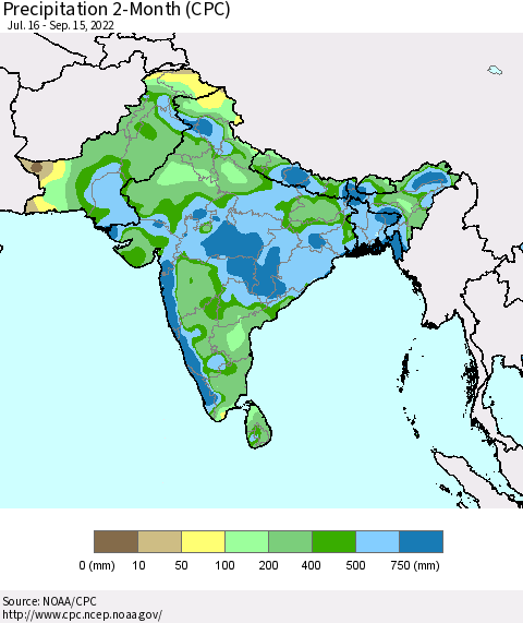 Southern Asia Precipitation 2-Month (CPC) Thematic Map For 7/16/2022 - 9/15/2022