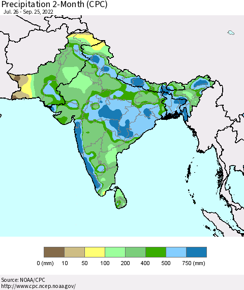 Southern Asia Precipitation 2-Month (CPC) Thematic Map For 7/26/2022 - 9/25/2022