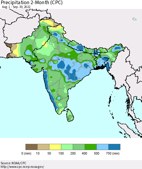 Southern Asia Precipitation 2-Month (CPC) Thematic Map For 8/1/2022 - 9/30/2022
