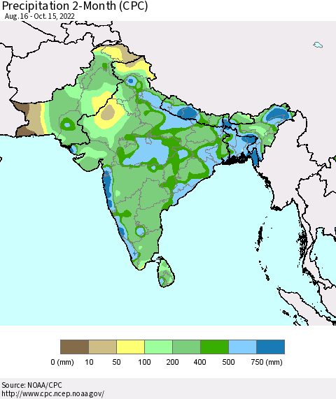 Southern Asia Precipitation 2-Month (CPC) Thematic Map For 8/16/2022 - 10/15/2022