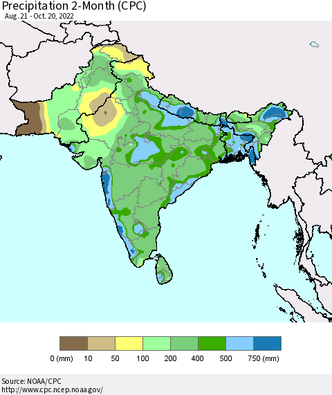 Southern Asia Precipitation 2-Month (CPC) Thematic Map For 8/21/2022 - 10/20/2022