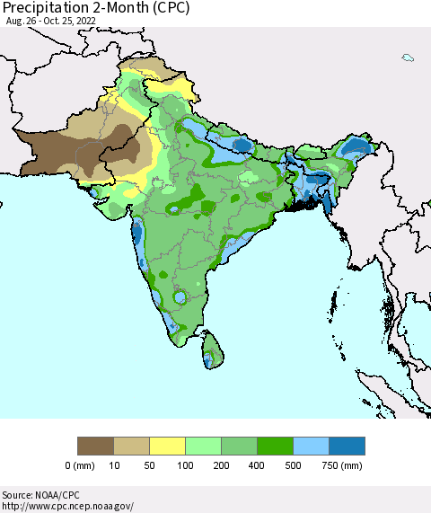 Southern Asia Precipitation 2-Month (CPC) Thematic Map For 8/26/2022 - 10/25/2022