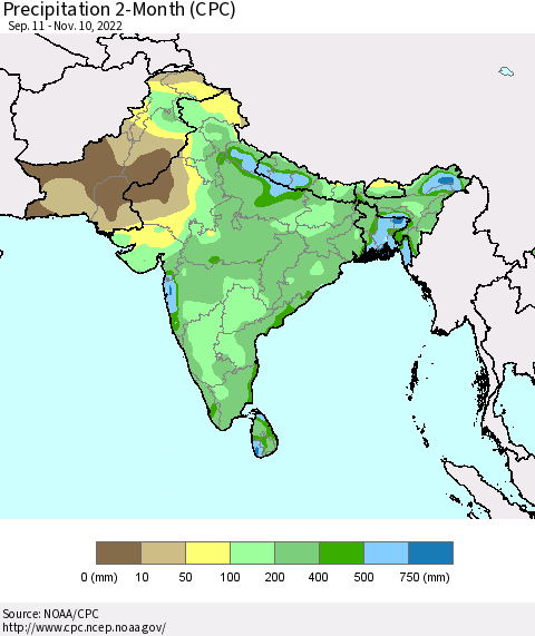 Southern Asia Precipitation 2-Month (CPC) Thematic Map For 9/11/2022 - 11/10/2022