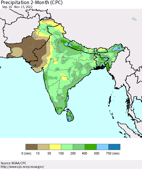 Southern Asia Precipitation 2-Month (CPC) Thematic Map For 9/16/2022 - 11/15/2022