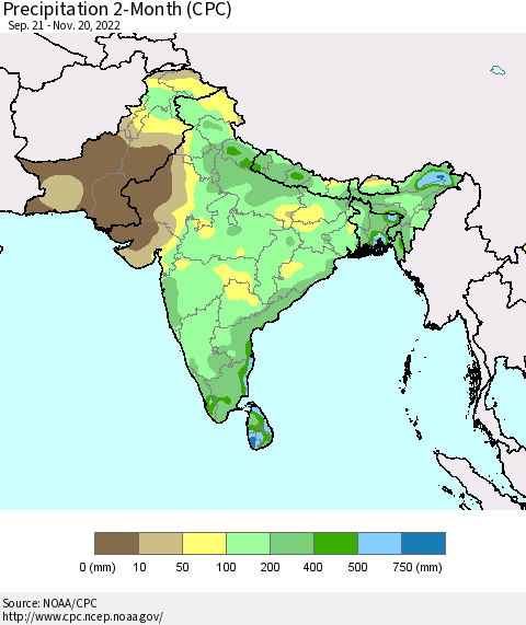 Southern Asia Precipitation 2-Month (CPC) Thematic Map For 9/21/2022 - 11/20/2022
